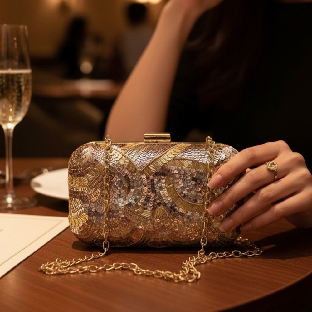 Lulu Sequin Hard Case Evening Clutch Gold Multicolor